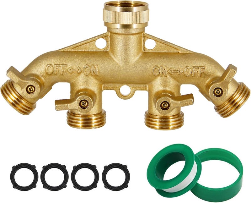 Lifynste 4 Way Brass Hose Splitter, 3/4" Heavy-Duty Brass Garden Hose Splitter, Garden Hose Adapter Connector - Image 1